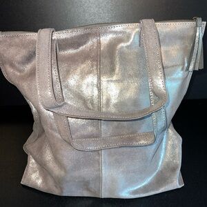 roost pewter metallic suede tote/tassel zipper/3 interior pockets-NWT